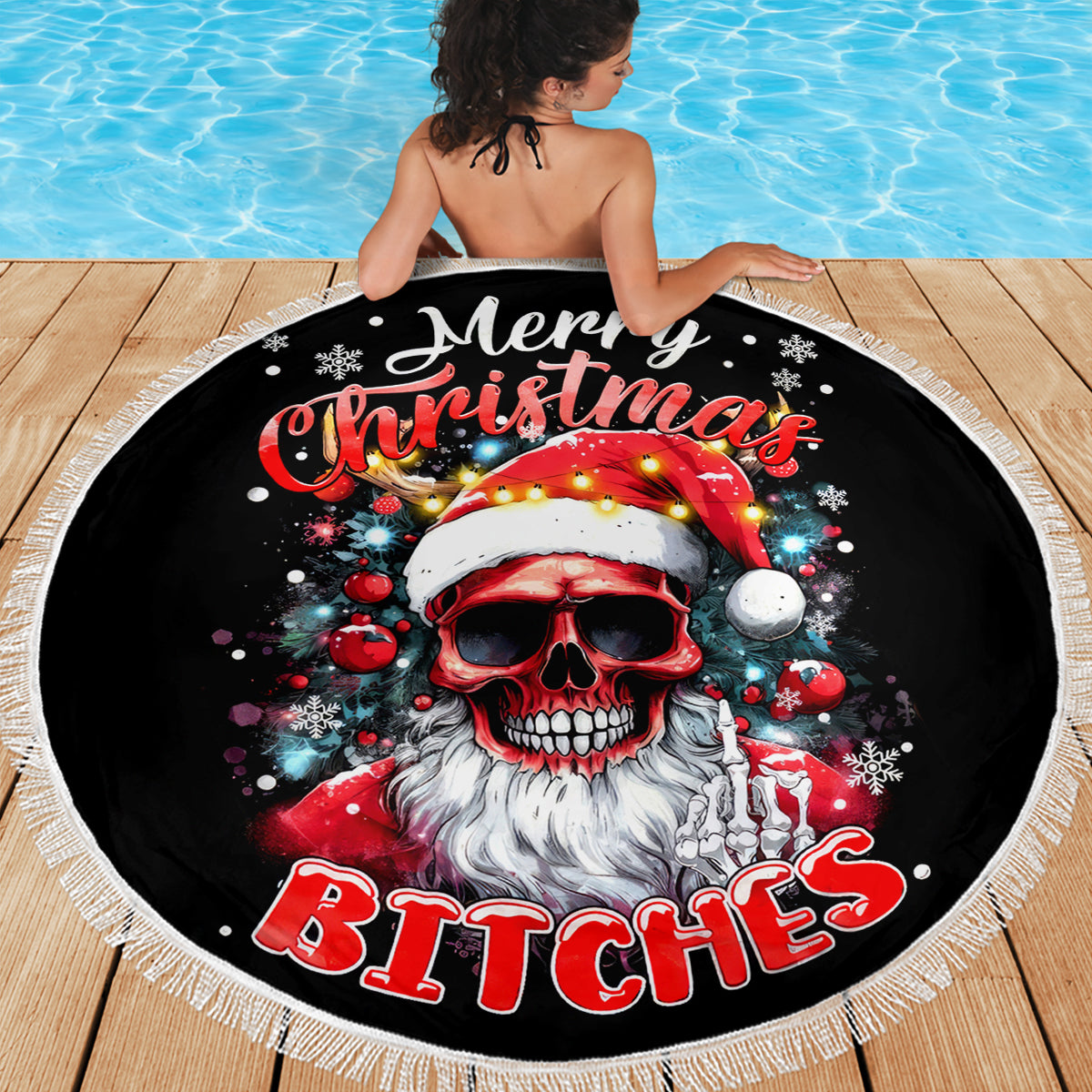 Skeleton Santa Claus Beach Blanket Merry Christmas Bitches - Wonder Print Shop