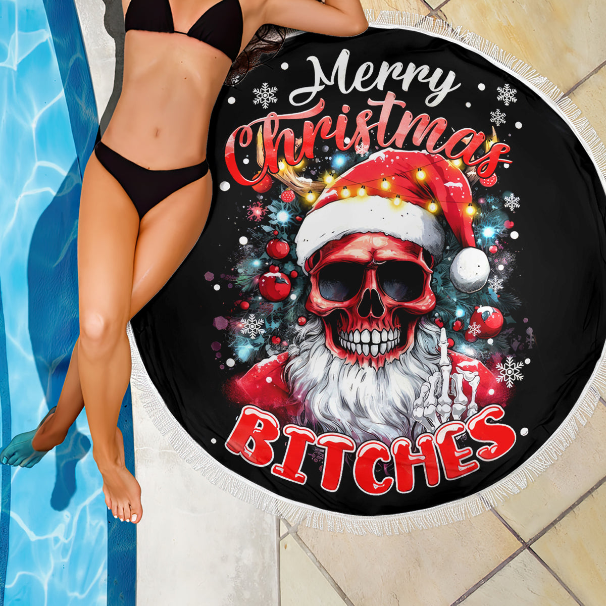 Skeleton Santa Claus Beach Blanket Merry Christmas Bitches - Wonder Print Shop