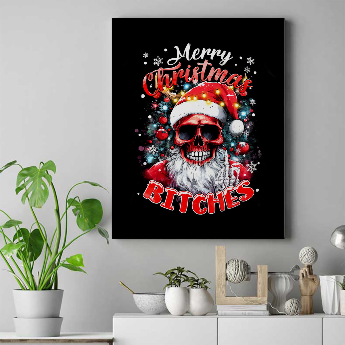 Skeleton Santa Claus Canvas Wall Art Merry Christmas Bitches - Wonder Print Shop
