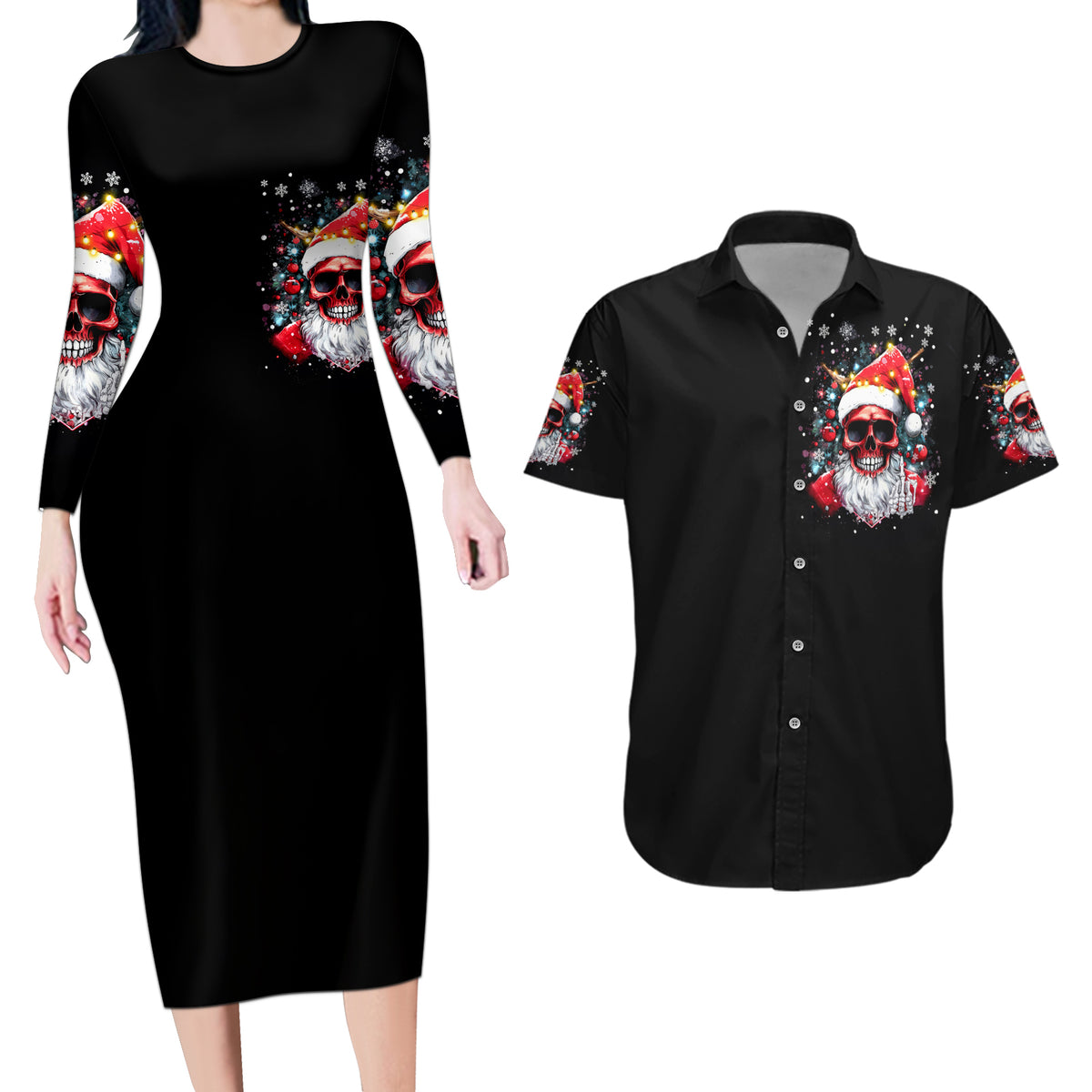 Skeleton Santa Claus Couples Matching Long Sleeve Bodycon Dress and Hawaiian Shirt Merry Christmas Bitches - Wonder Print Shop