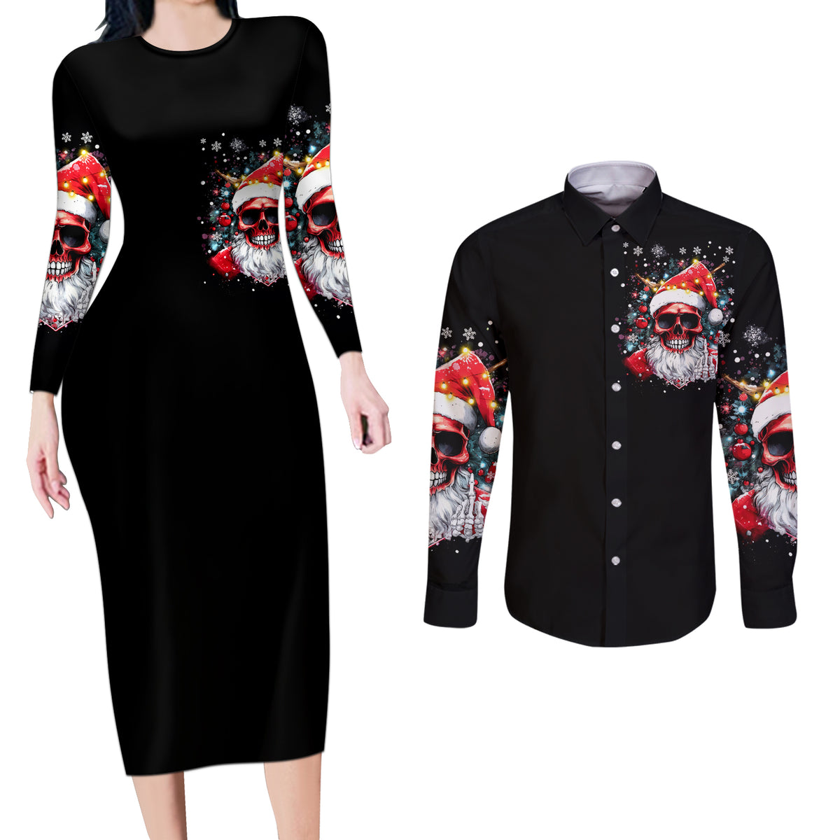 Skeleton Santa Claus Couples Matching Long Sleeve Bodycon Dress and Long Sleeve Button Shirt Merry Christmas Bitches - Wonder Print Shop