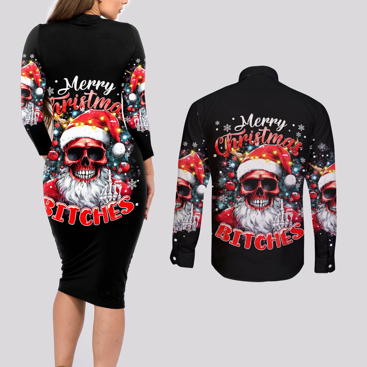 Skeleton Santa Claus Couples Matching Long Sleeve Bodycon Dress and Long Sleeve Button Shirt Merry Christmas Bitches - Wonder Print Shop