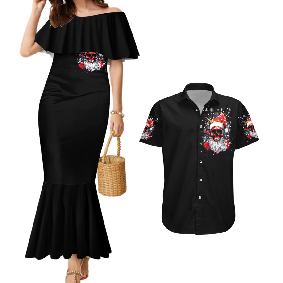 Skeleton Santa Claus Couples Matching Mermaid Dress and Hawaiian Shirt Merry Christmas Bitches - Wonder Print Shop