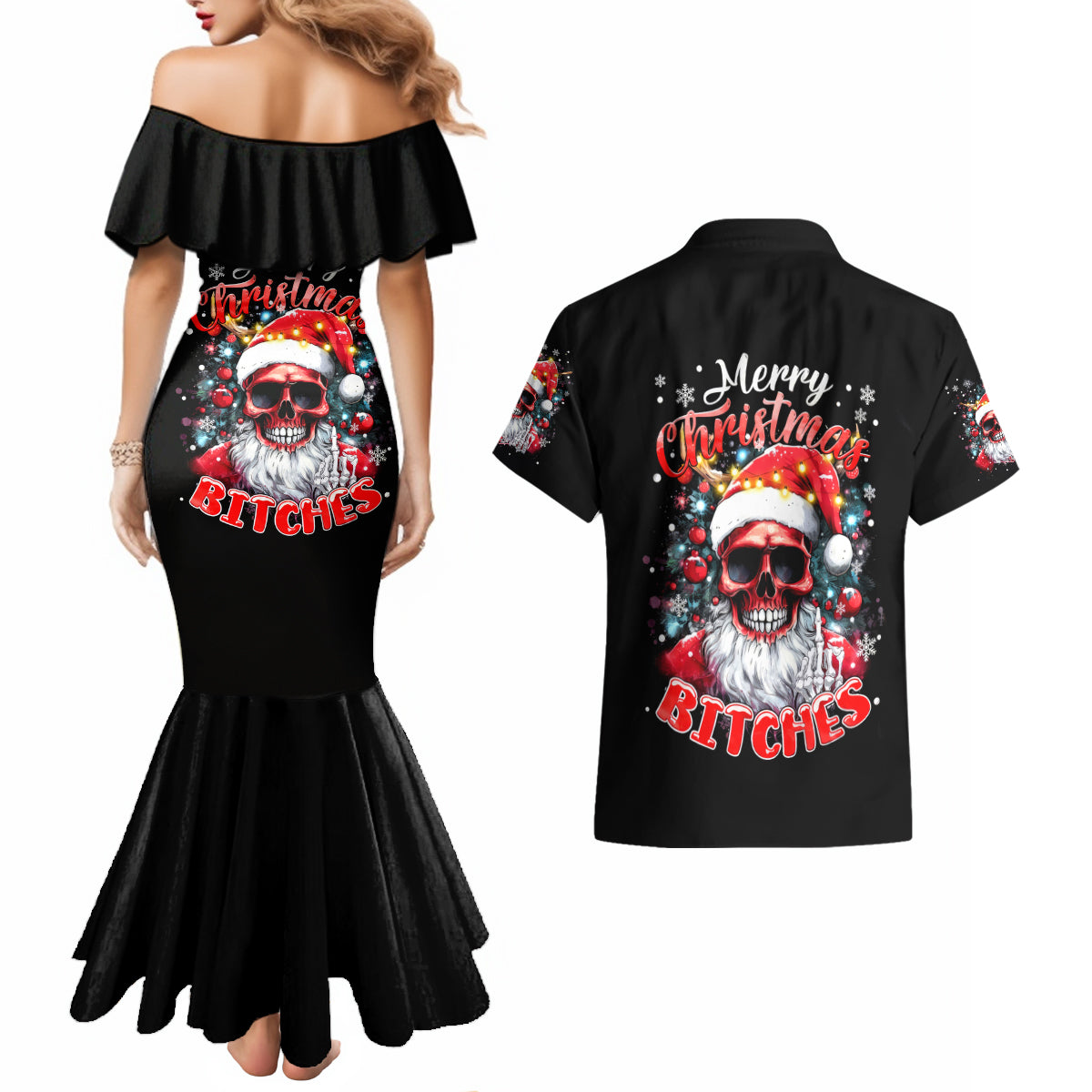 Skeleton Santa Claus Couples Matching Mermaid Dress and Hawaiian Shirt Merry Christmas Bitches - Wonder Print Shop