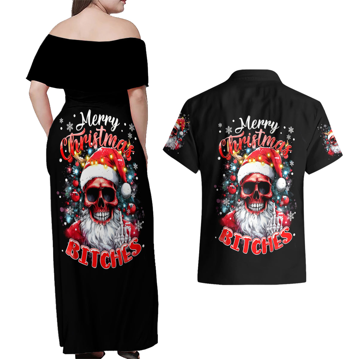 Skeleton Santa Claus Couples Matching Off Shoulder Maxi Dress and Hawaiian Shirt Merry Christmas Bitches - Wonder Print Shop
