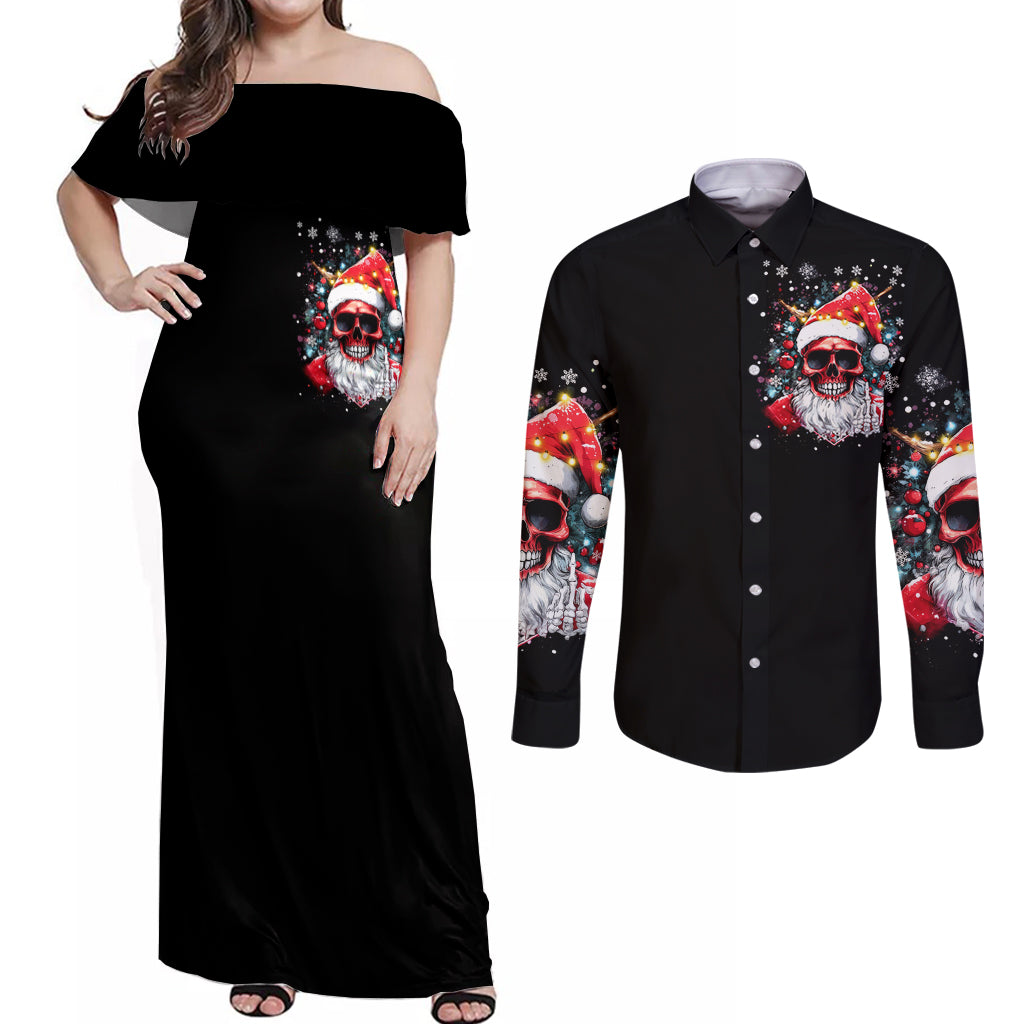 Skeleton Santa Claus Couples Matching Off Shoulder Maxi Dress and Long Sleeve Button Shirt Merry Christmas Bitches - Wonder Print Shop