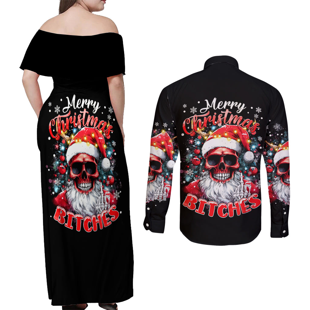 Skeleton Santa Claus Couples Matching Off Shoulder Maxi Dress and Long Sleeve Button Shirt Merry Christmas Bitches - Wonder Print Shop