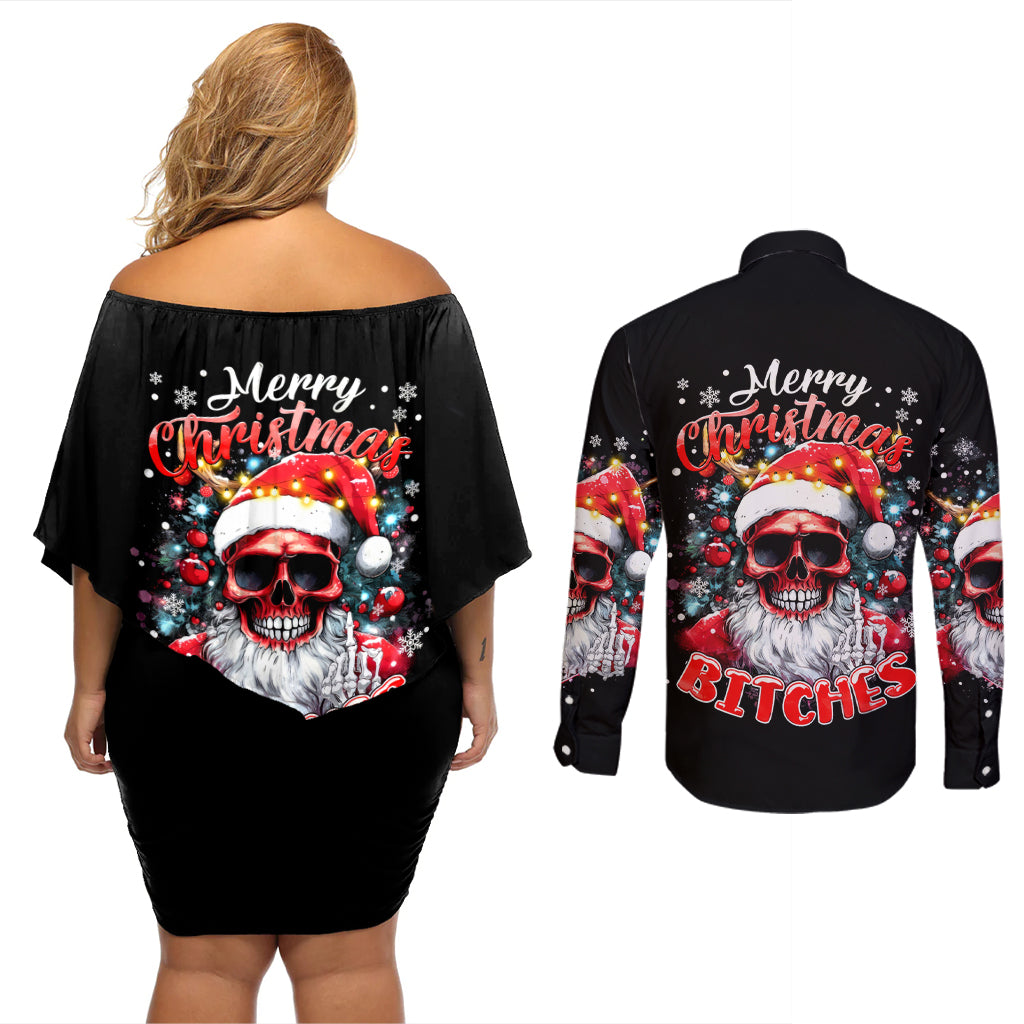 Skeleton Santa Claus Couples Matching Off Shoulder Short Dress and Long Sleeve Button Shirt Merry Christmas Bitches - Wonder Print Shop