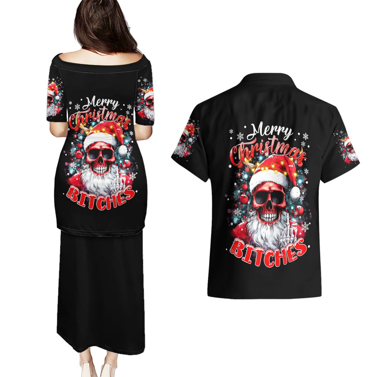Skeleton Santa Claus Couples Matching Puletasi Dress and Hawaiian Shirt Merry Christmas Bitches - Wonder Print Shop