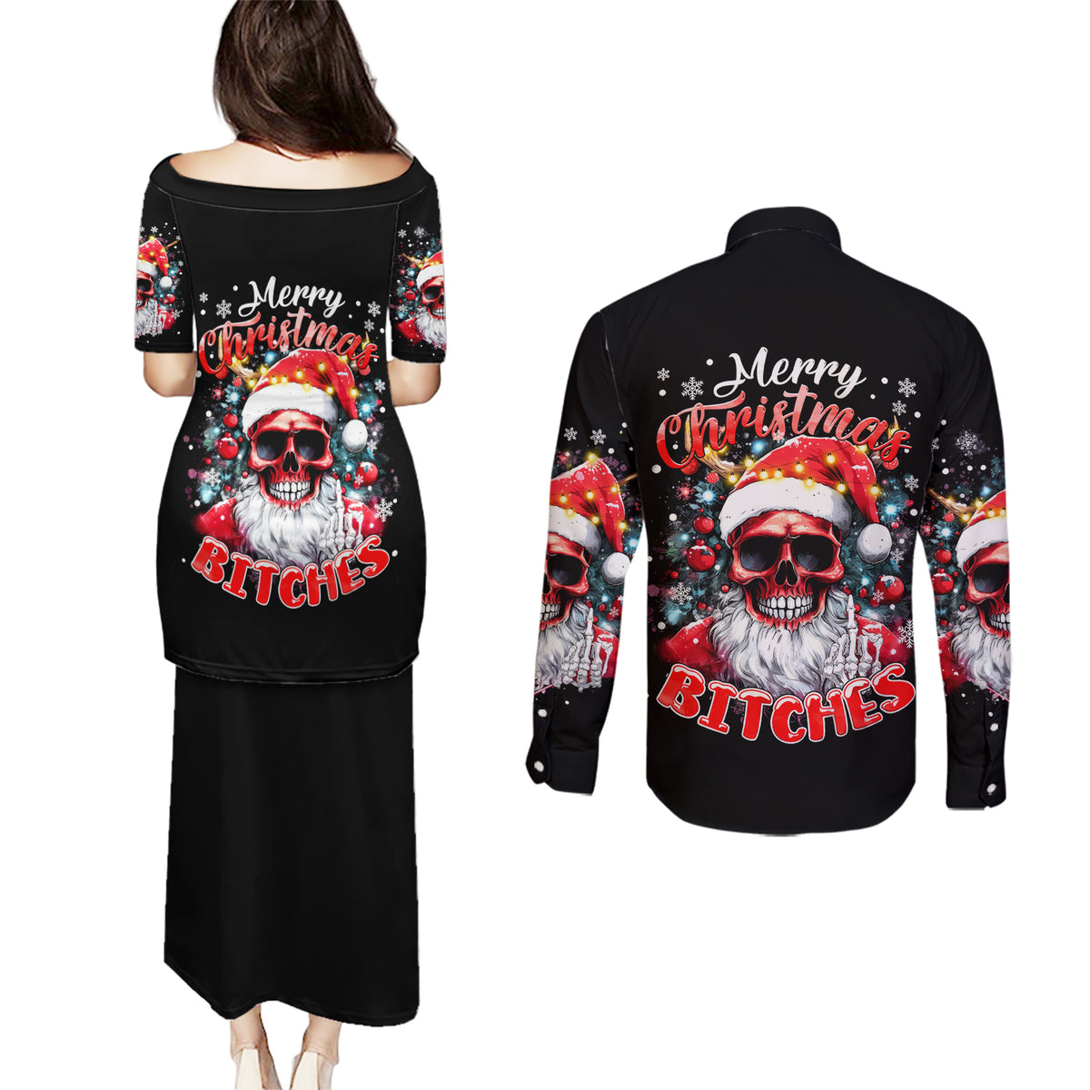 Skeleton Santa Claus Couples Matching Puletasi Dress and Long Sleeve Button Shirt Merry Christmas Bitches - Wonder Print Shop