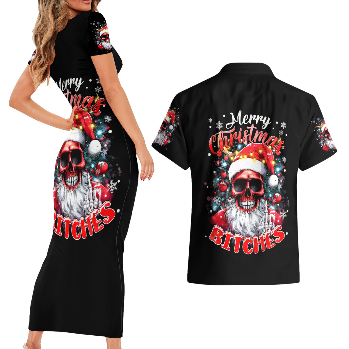 Skeleton Santa Claus Couples Matching Short Sleeve Bodycon Dress and Hawaiian Shirt Merry Christmas Bitches - Wonder Print Shop