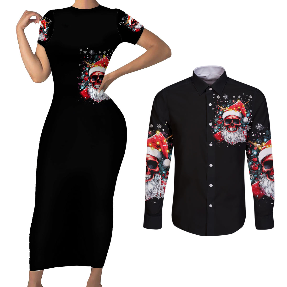 Skeleton Santa Claus Couples Matching Short Sleeve Bodycon Dress and Long Sleeve Button Shirt Merry Christmas Bitches - Wonder Print Shop