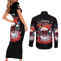 Skeleton Santa Claus Couples Matching Short Sleeve Bodycon Dress and Long Sleeve Button Shirt Merry Christmas Bitches - Wonder Print Shop