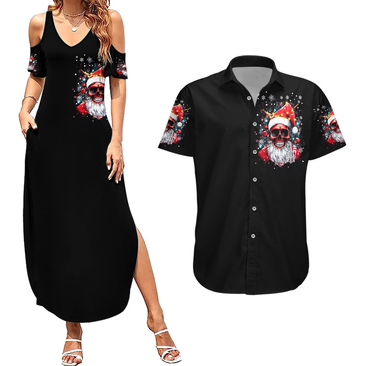 Skeleton Santa Claus Couples Matching Summer Maxi Dress and Hawaiian Shirt Merry Christmas Bitches - Wonder Print Shop