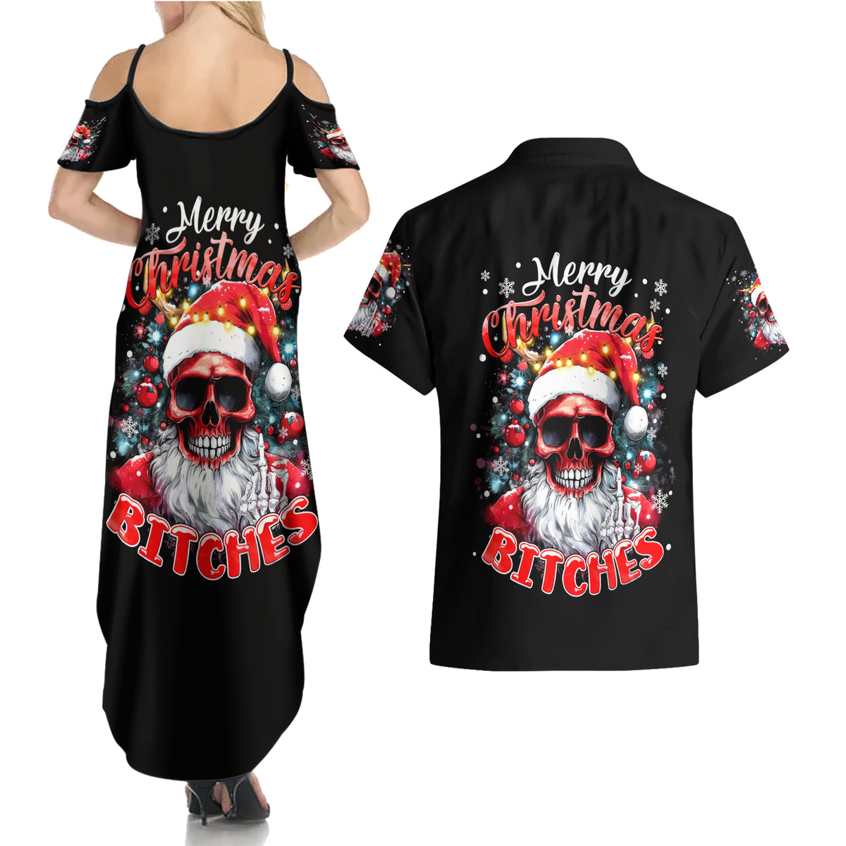 Skeleton Santa Claus Couples Matching Summer Maxi Dress and Hawaiian Shirt Merry Christmas Bitches - Wonder Print Shop