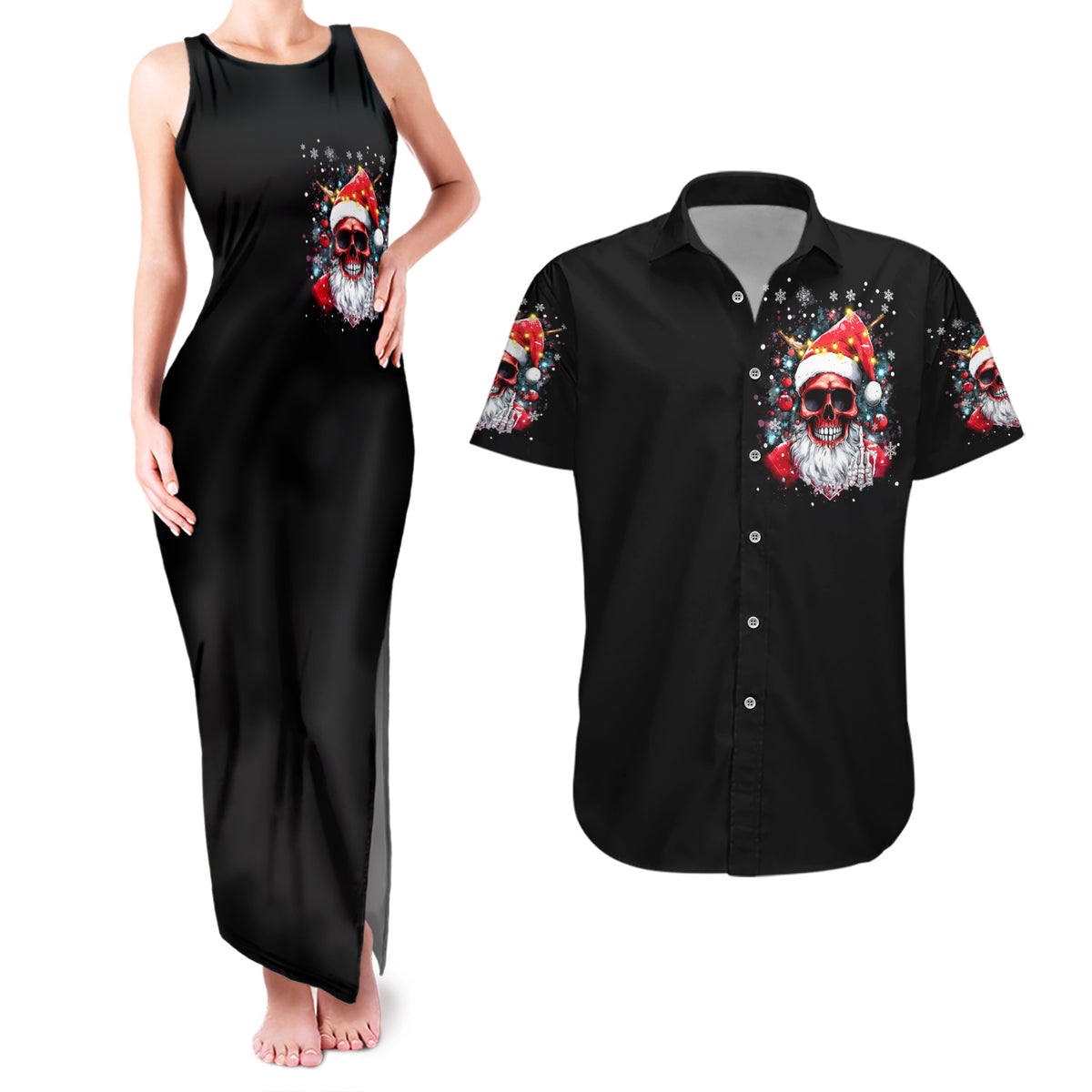 Skeleton Santa Claus Couples Matching Tank Maxi Dress and Hawaiian Shirt Merry Christmas Bitches - Wonder Print Shop