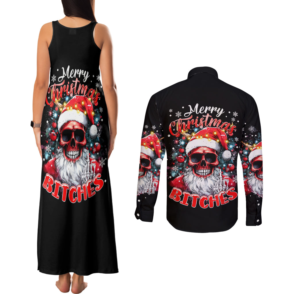 Skeleton Santa Claus Couples Matching Tank Maxi Dress and Long Sleeve Button Shirt Merry Christmas Bitches - Wonder Print Shop