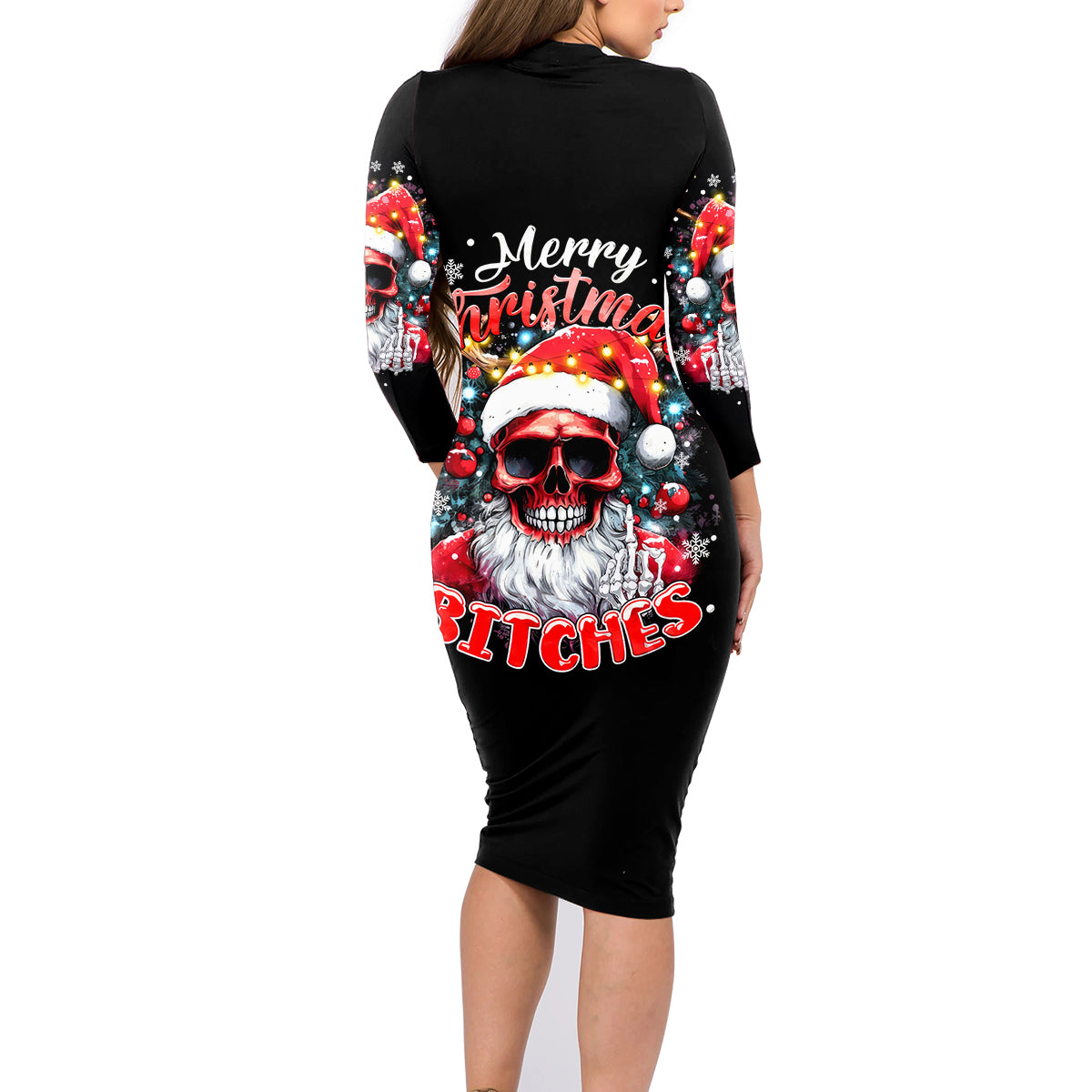 Skeleton Santa Claus Family Matching Long Sleeve Bodycon Dress and Hawaiian Shirt Merry Christmas Bitches - Wonder Print Shop