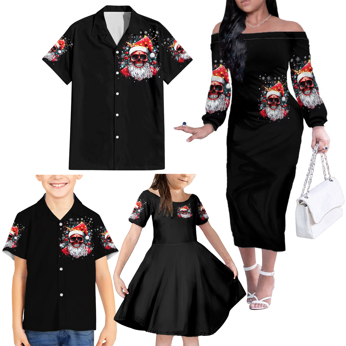 Skeleton Santa Claus Family Matching Off Shoulder Long Sleeve Dress and Hawaiian Shirt Merry Christmas Bitches - Wonder Print Shop