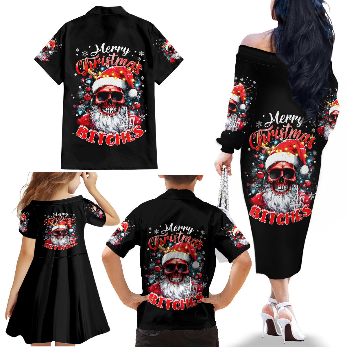 Skeleton Santa Claus Family Matching Off Shoulder Long Sleeve Dress and Hawaiian Shirt Merry Christmas Bitches - Wonder Print Shop
