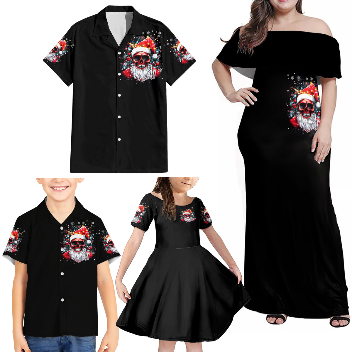 Skeleton Santa Claus Family Matching Off Shoulder Maxi Dress and Hawaiian Shirt Merry Christmas Bitches - Wonder Print Shop