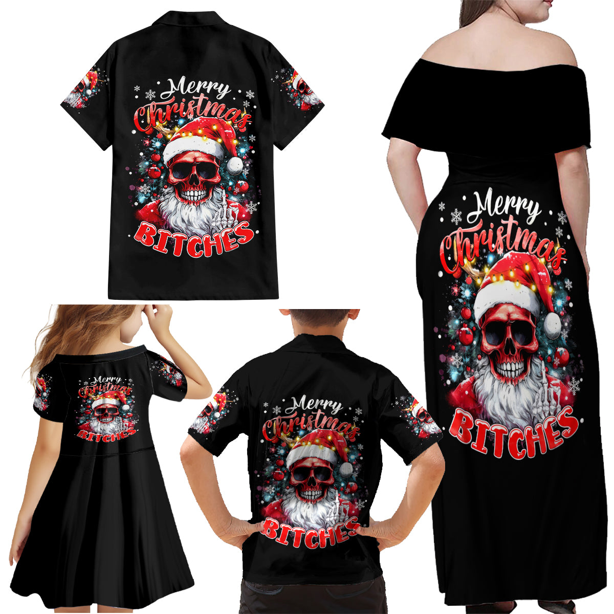 Skeleton Santa Claus Family Matching Off Shoulder Maxi Dress and Hawaiian Shirt Merry Christmas Bitches - Wonder Print Shop