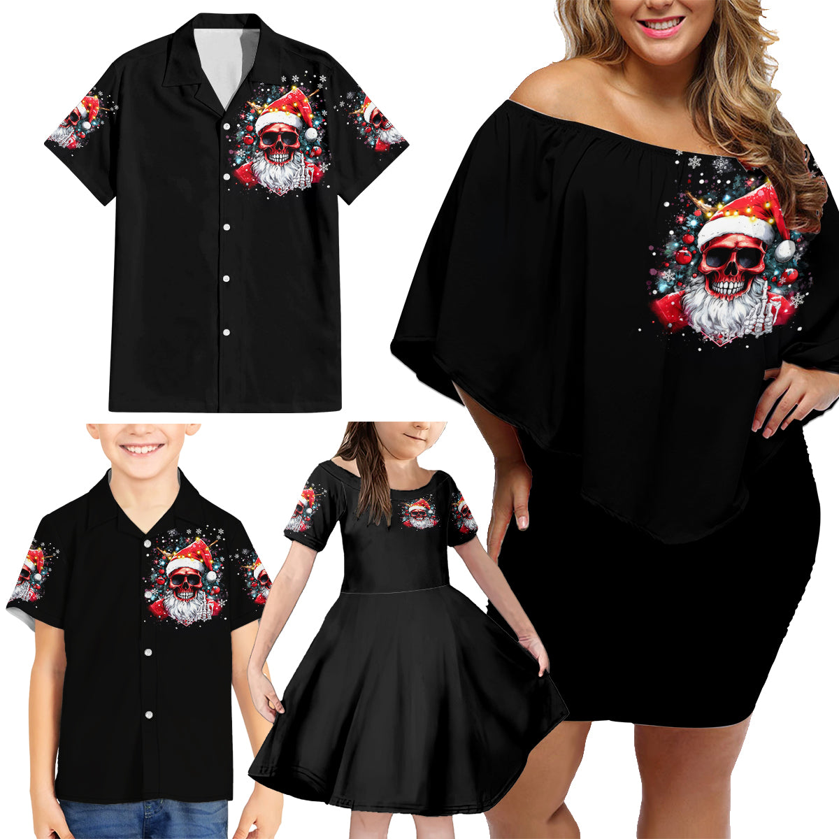 Skeleton Santa Claus Family Matching Off Shoulder Short Dress and Hawaiian Shirt Merry Christmas Bitches - Wonder Print Shop
