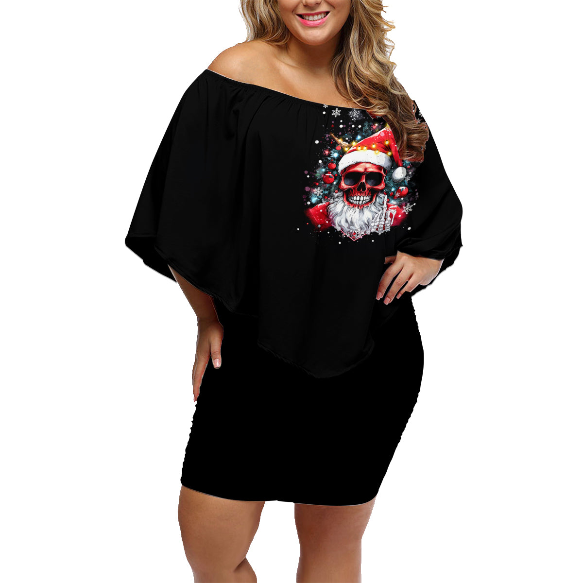 Skeleton Santa Claus Family Matching Off Shoulder Short Dress and Hawaiian Shirt Merry Christmas Bitches - Wonder Print Shop