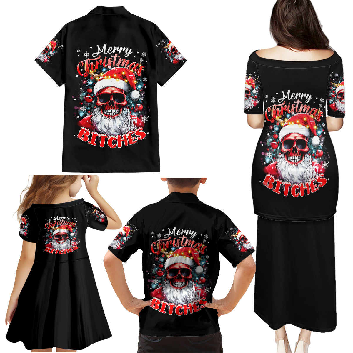 Skeleton Santa Claus Family Matching Puletasi Dress and Hawaiian Shirt Merry Christmas Bitches - Wonder Print Shop