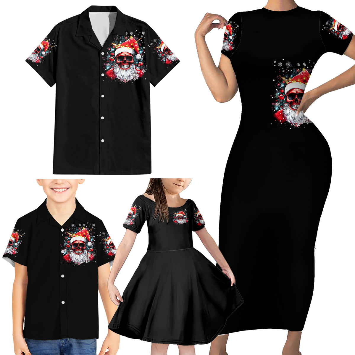 Skeleton Santa Claus Family Matching Short Sleeve Bodycon Dress and Hawaiian Shirt Merry Christmas Bitches - Wonder Print Shop