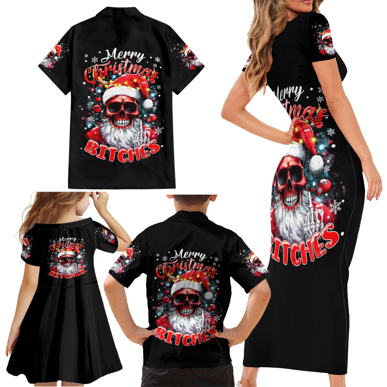 Skeleton Santa Claus Family Matching Short Sleeve Bodycon Dress and Hawaiian Shirt Merry Christmas Bitches - Wonder Print Shop