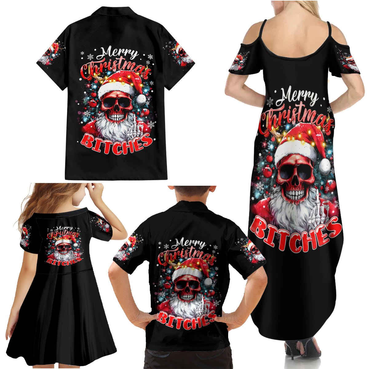 Skeleton Santa Claus Family Matching Summer Maxi Dress and Hawaiian Shirt Merry Christmas Bitches - Wonder Print Shop