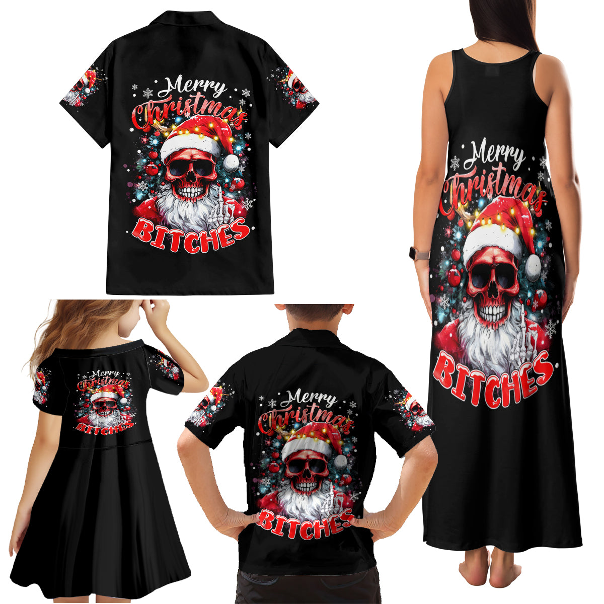 Skeleton Santa Claus Family Matching Tank Maxi Dress and Hawaiian Shirt Merry Christmas Bitches - Wonder Print Shop