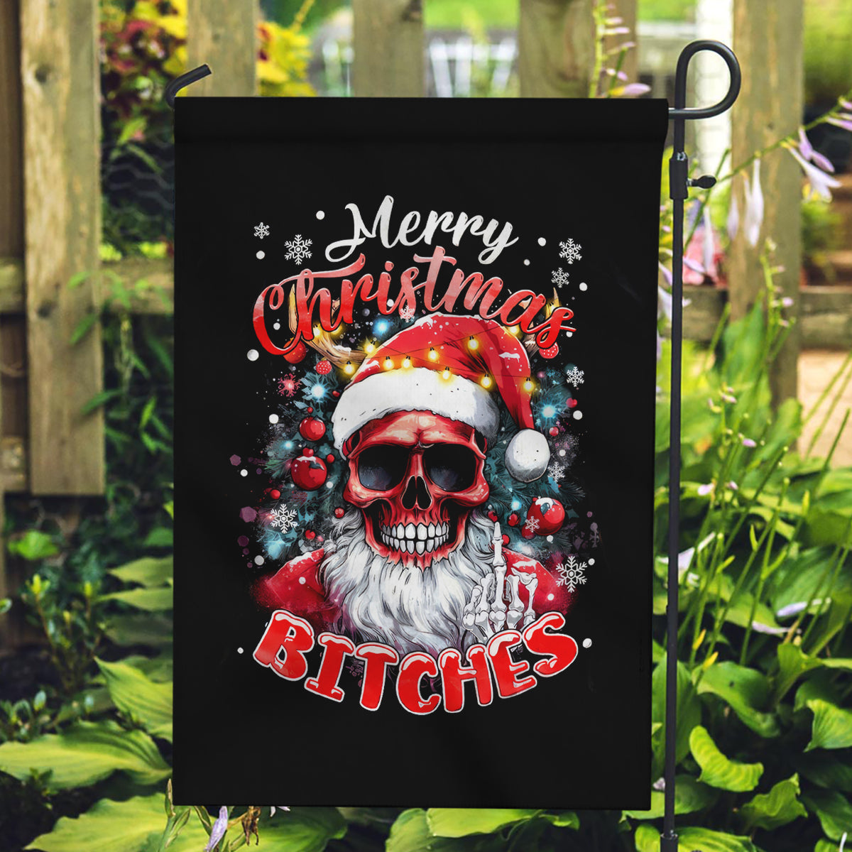Skeleton Santa Claus Garden Flag Merry Christmas Bitches - Wonder Print Shop