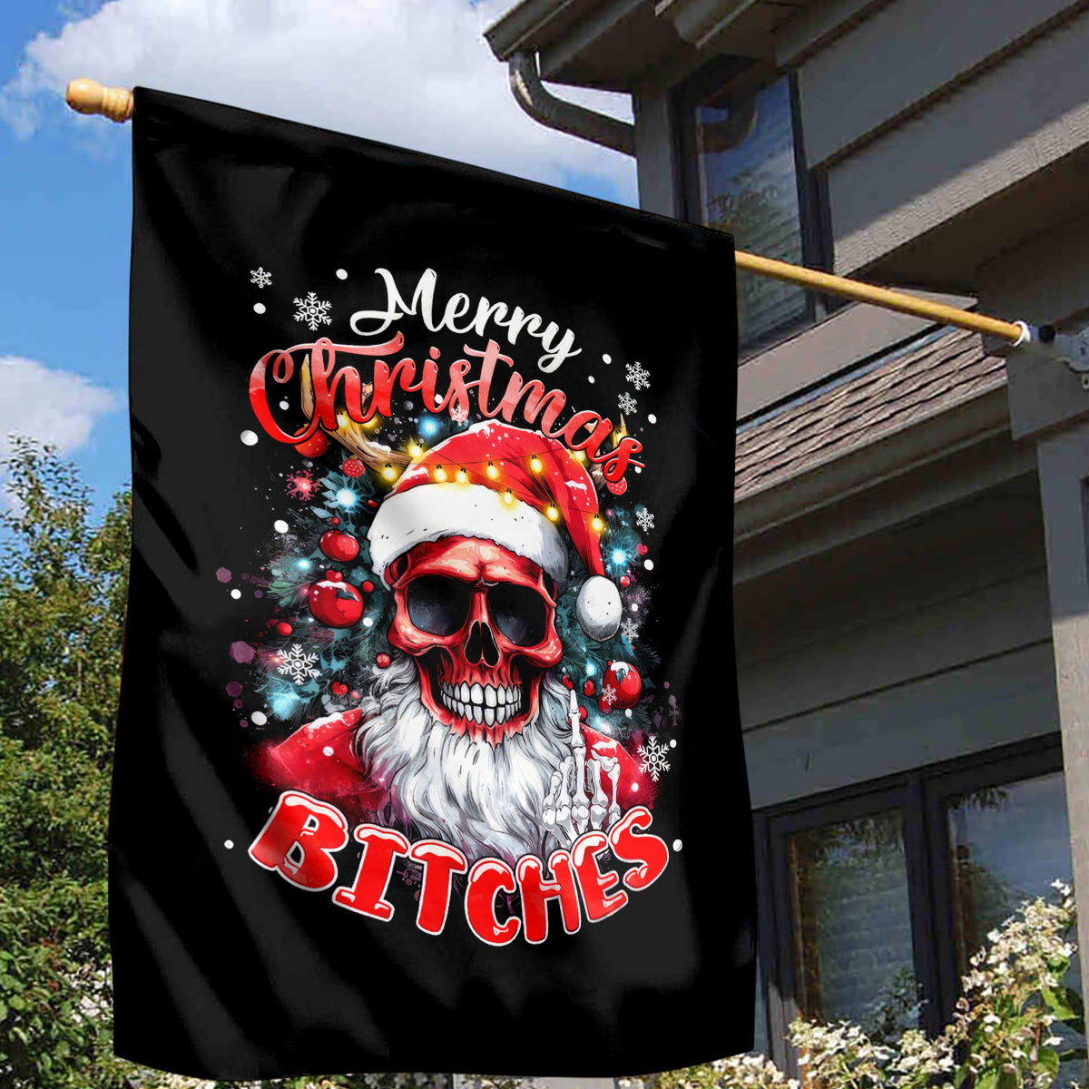 Skeleton Santa Claus Garden Flag Merry Christmas Bitches - Wonder Print Shop