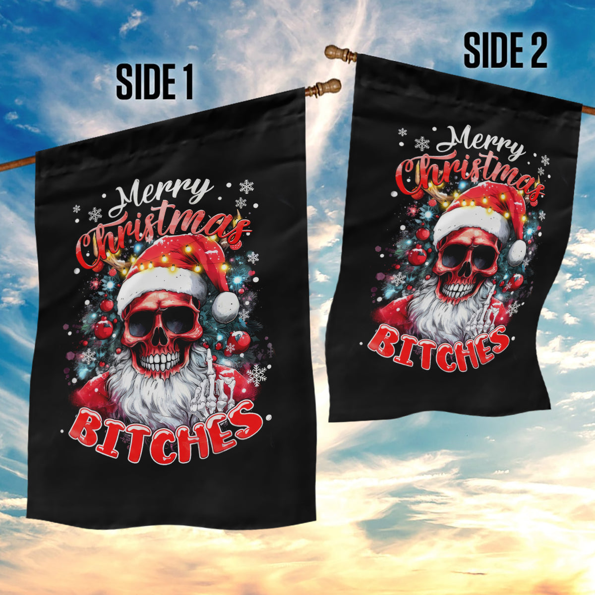 Skeleton Santa Claus Garden Flag Merry Christmas Bitches - Wonder Print Shop