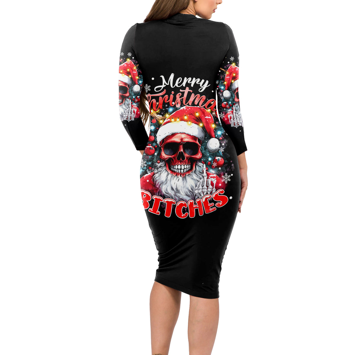 Skeleton Santa Claus Long Sleeve Bodycon Dress Merry Christmas Bitches - Wonder Print Shop