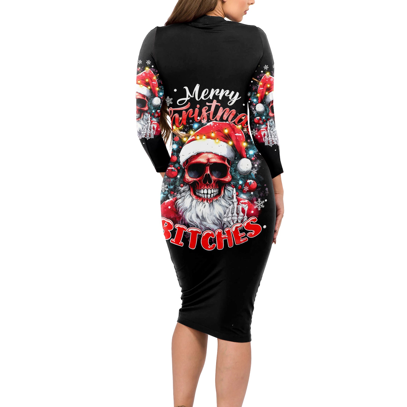 Skeleton Santa Claus Long Sleeve Bodycon Dress Merry Christmas Bitches - Wonder Print Shop