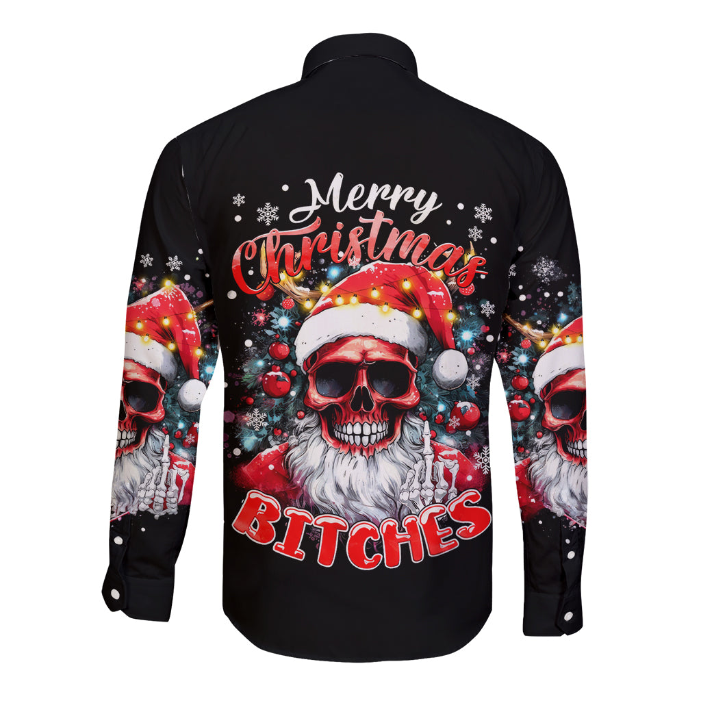 Skeleton Santa Claus Long Sleeve Button Shirt Merry Christmas Bitches - Wonder Print Shop