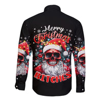Skeleton Santa Claus Long Sleeve Button Shirt Merry Christmas Bitches - Wonder Print Shop