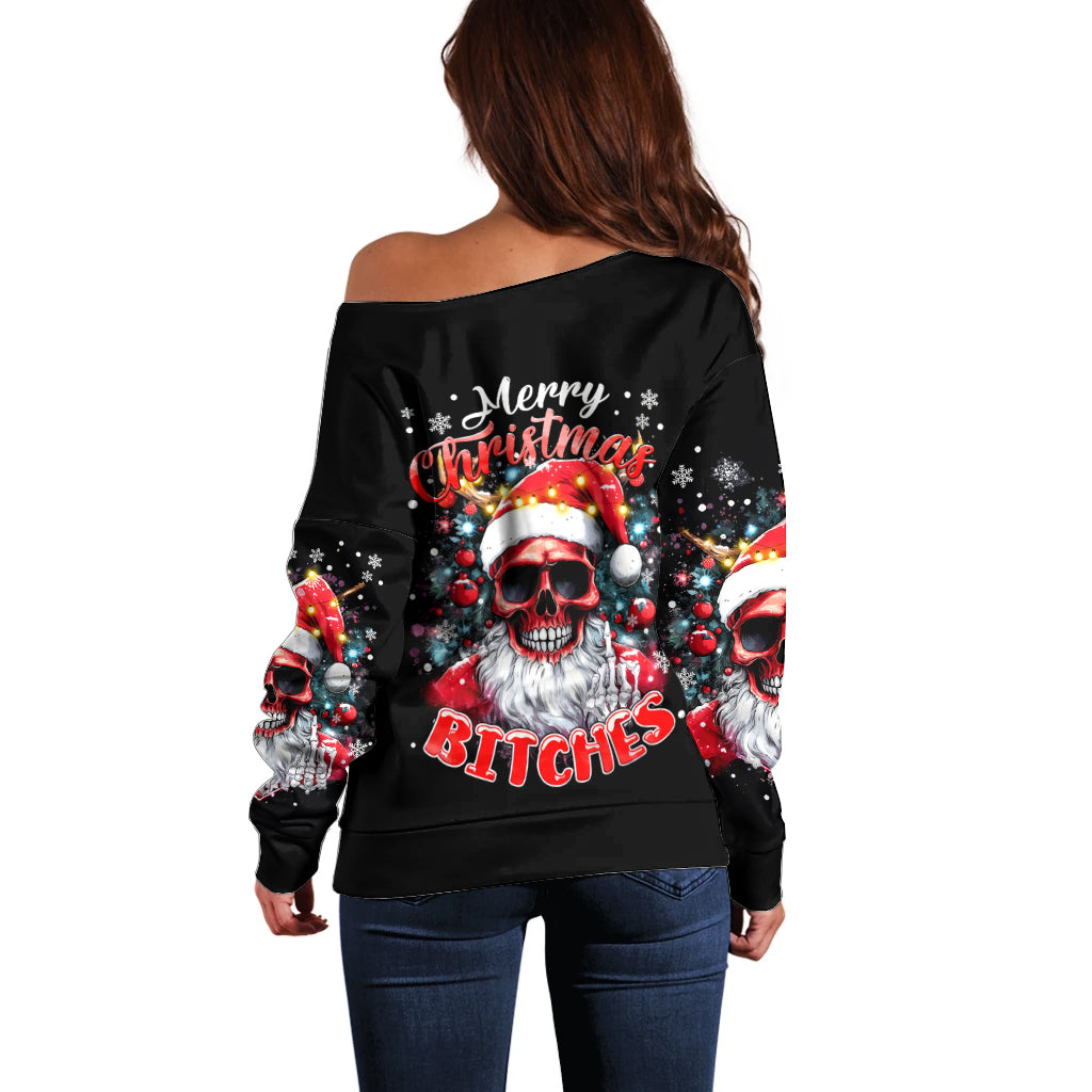 Skeleton Santa Claus Off Shoulder Sweater Merry Christmas Bitches - Wonder Print Shop