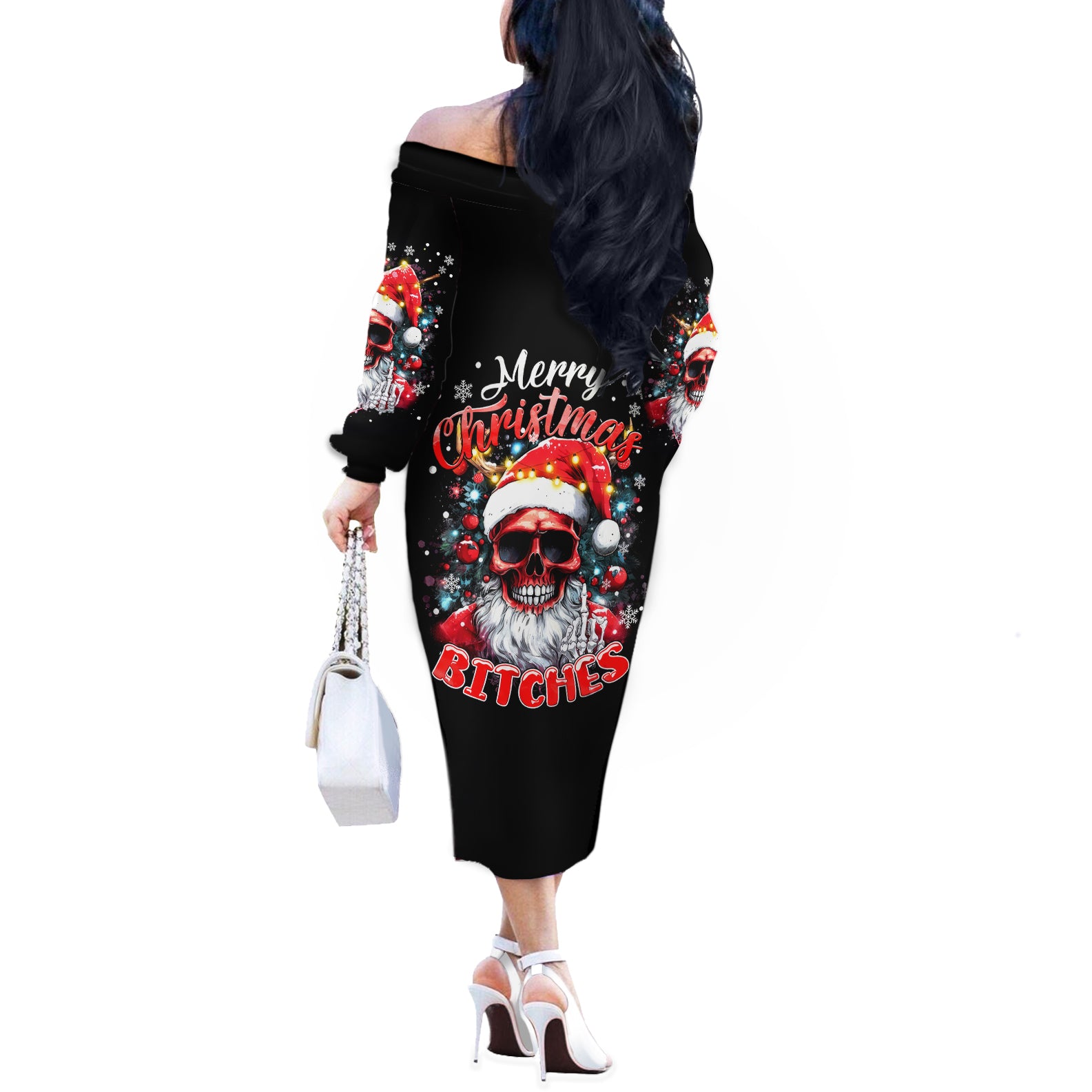 Skeleton Santa Claus Off The Shoulder Long Sleeve Dress Merry Christmas Bitches - Wonder Print Shop