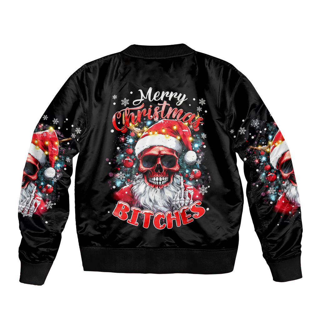 Skeleton Santa Claus Sleeve Zip Bomber Jacket Merry Christmas Bitches - Wonder Print Shop