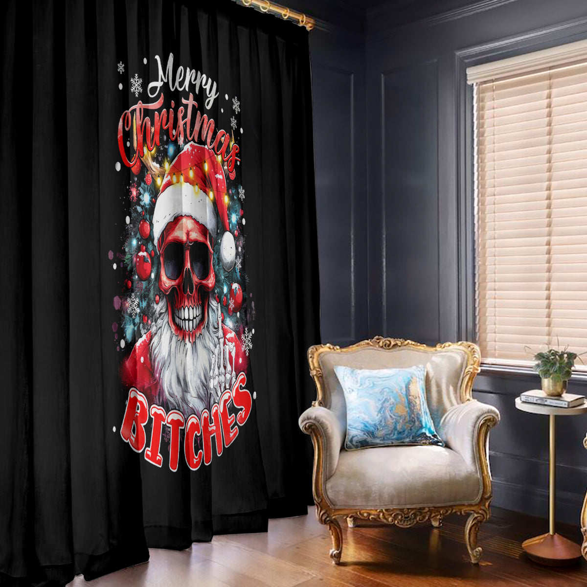 Skeleton Santa Claus Window Curtain Merry Christmas Bitches - Wonder Print Shop