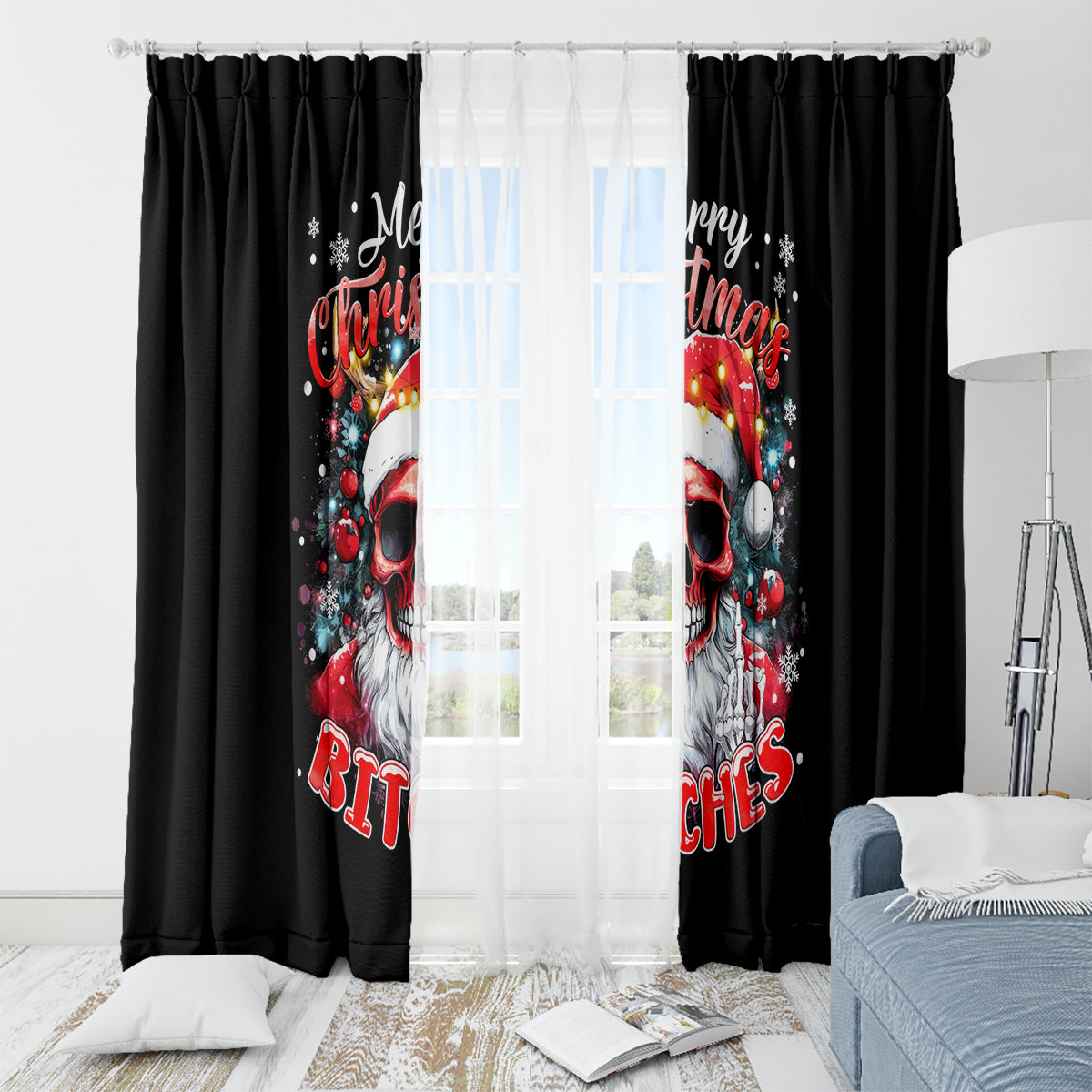 Skeleton Santa Claus Window Curtain Merry Christmas Bitches - Wonder Print Shop