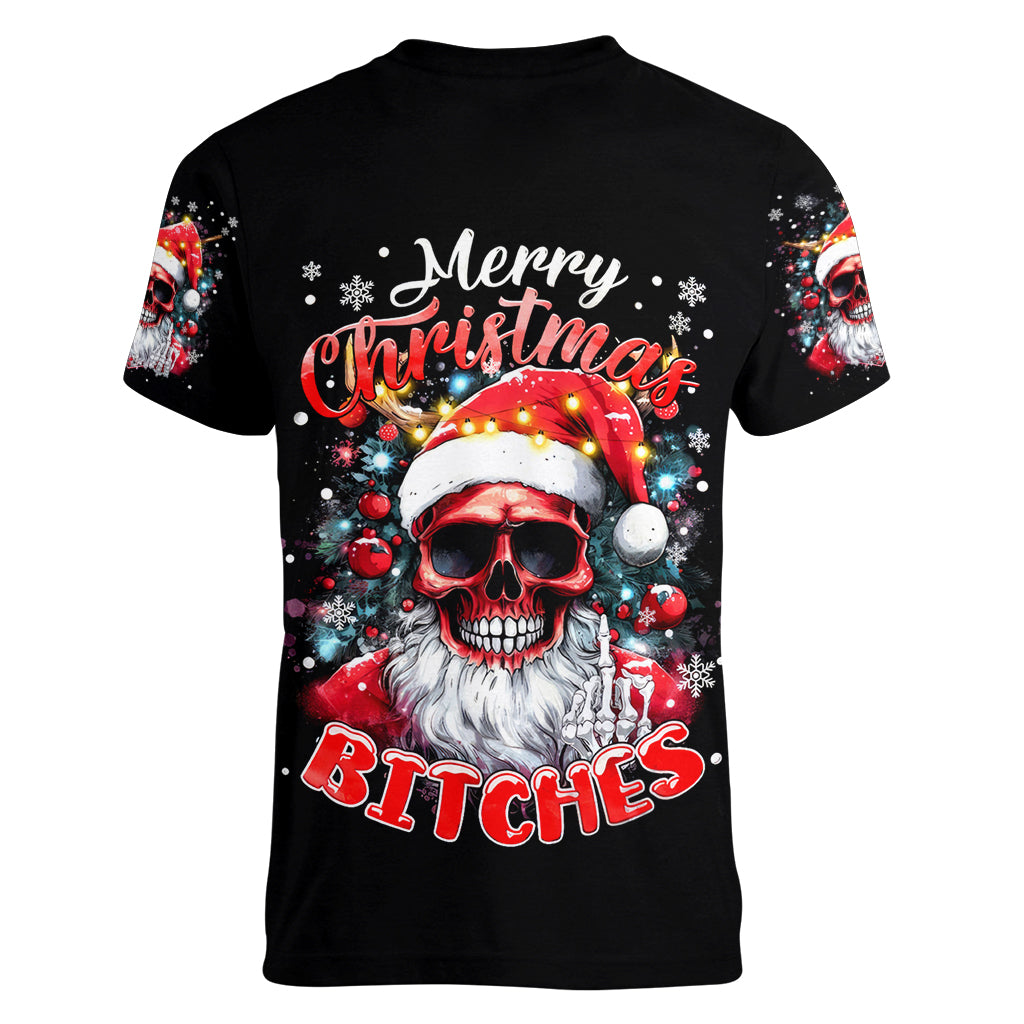 Skeleton Santa Claus Women V Neck T Shirt Merry Christmas Bitches - Wonder Print Shop