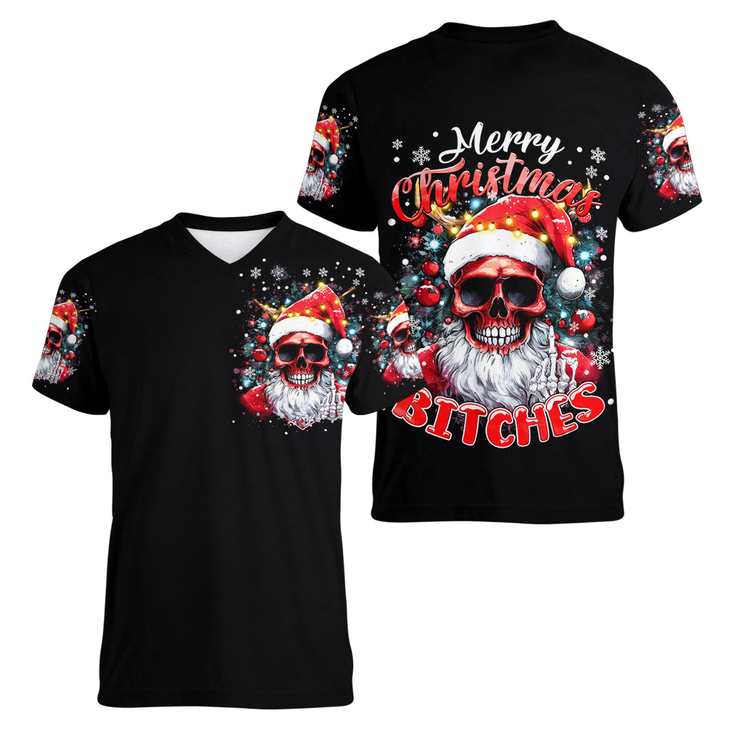 Skeleton Santa Claus Women V Neck T Shirt Merry Christmas Bitches - Wonder Print Shop