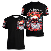 Skeleton Santa Claus Women V Neck T Shirt Merry Christmas Bitches - Wonder Print Shop