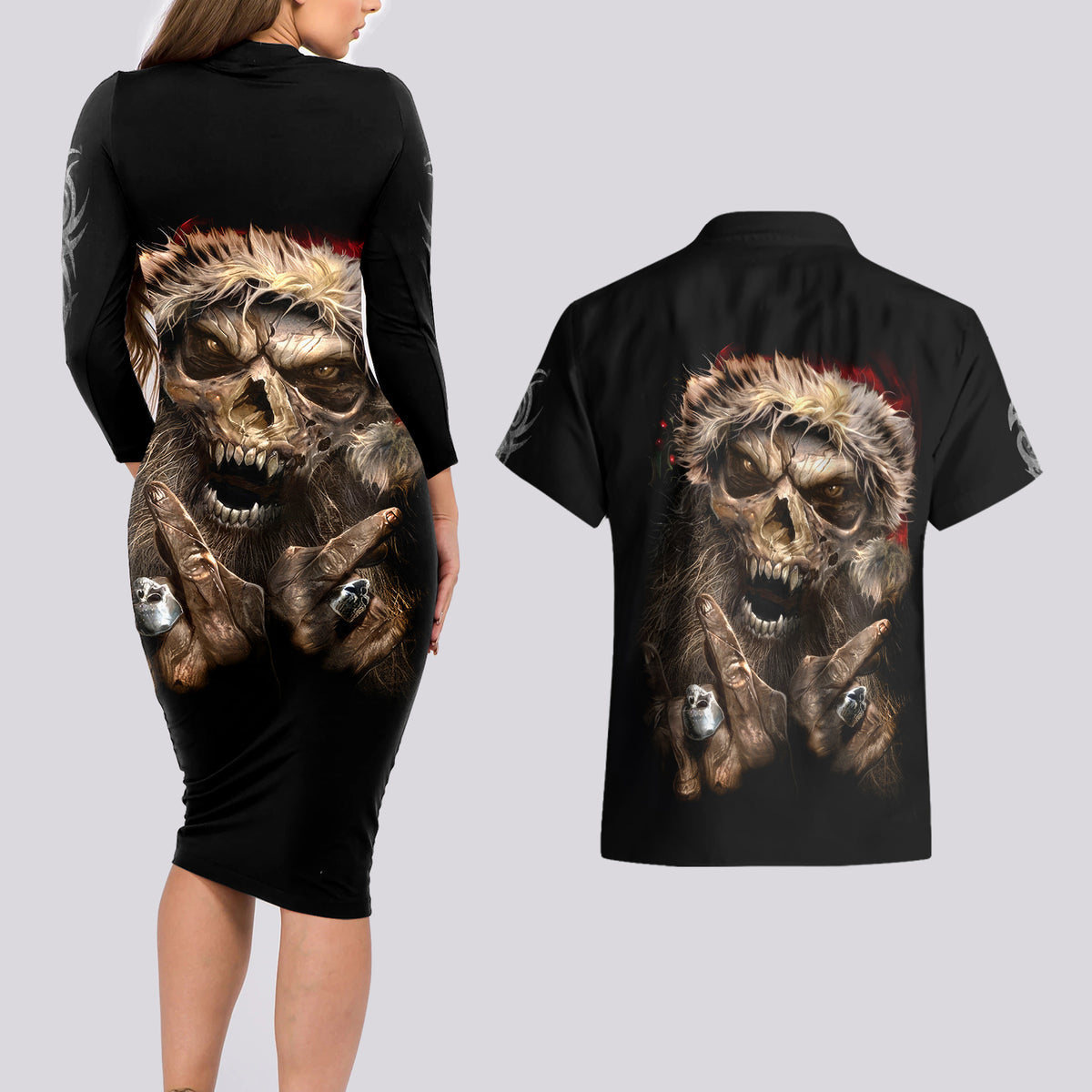 Skeleton Santa Claus Couples Matching Long Sleeve Bodycon Dress and Hawaiian Shirt Scary Skeleton Santa Claus Coming - Wonder Print Shop