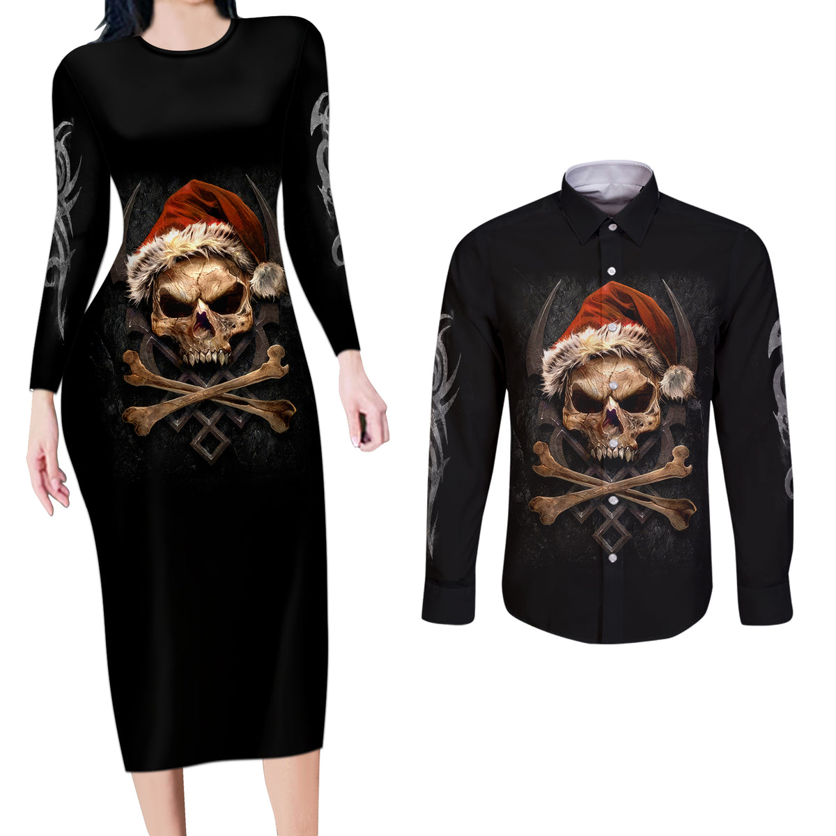 Skeleton Santa Claus Couples Matching Long Sleeve Bodycon Dress and Long Sleeve Button Shirt Scary Skeleton Santa Claus Coming - Wonder Print Shop